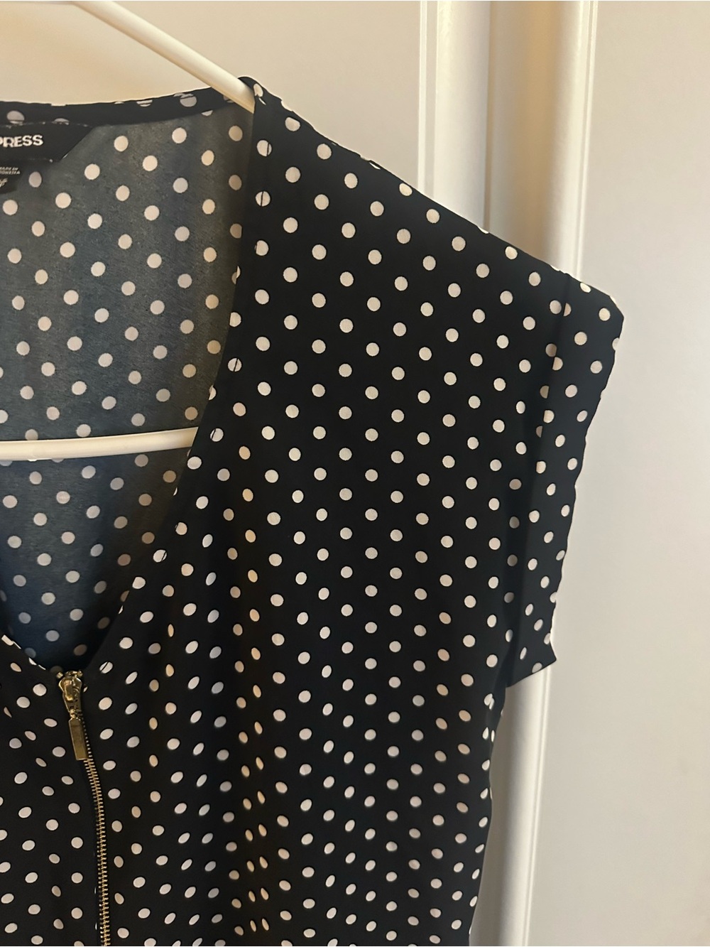 Express Black Polka Dot Zip-Front Top - Picture 3 of 16
